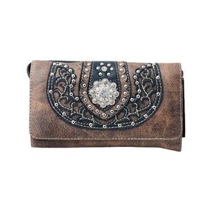 Boutique Brown Western Style Faux Leather Rhinestone Embellished Trifold Wallet